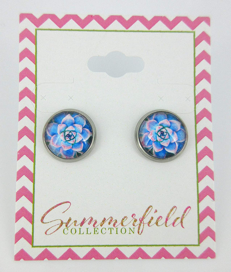 Stainless Steel Pink and Blue Succulent Plant Print Glass Stud Earrings 12mm