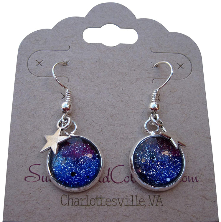 Silver-tone Glitter Glass Star Charm Galaxy Dangle Earrings Blue Purple Teal Hand-painted