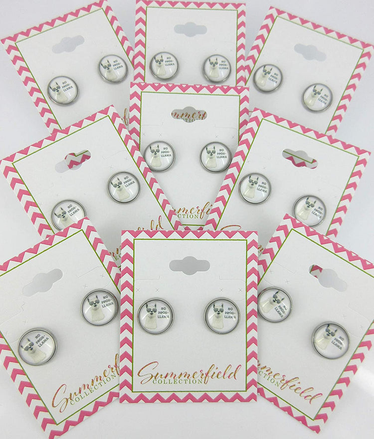 Stainless Steel No Prob Llama Print Glass Stud Earrings 12mm