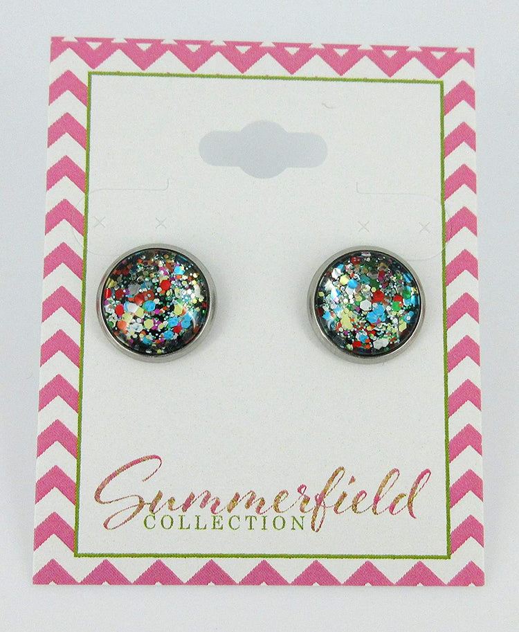 Stainless Steel Multi Color Party Confetti Glitter Glass Stud Earrings Hand-painted 12mm