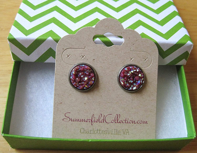 Hematite-tone Maroon Faux Druzy Stone Stud Earrings 12mm