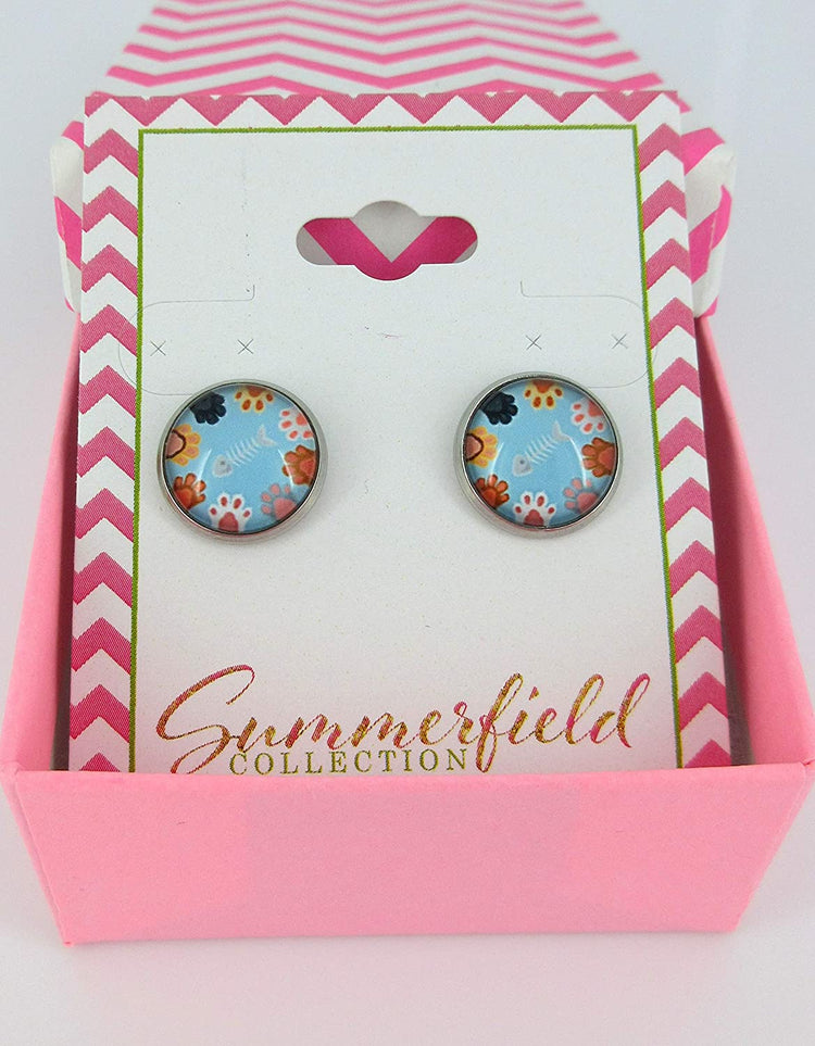 Stainless Steel Sky Blue Cat Paw Print Glass Stud Earrings 12mm