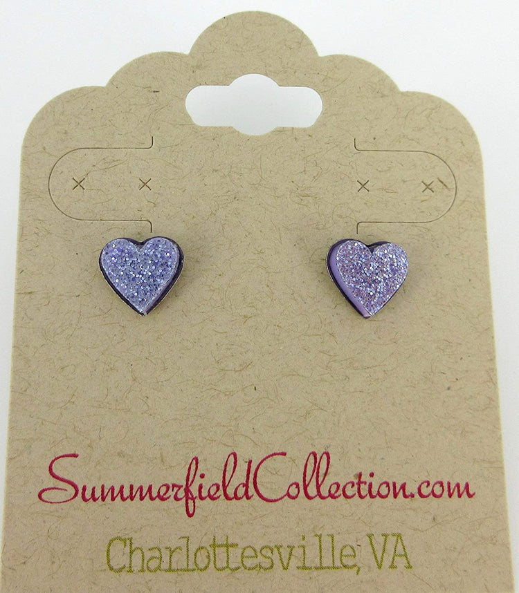 Stainless Steel Lilac Purple Glitter Acrylic Heart Stud Earrings 8mm