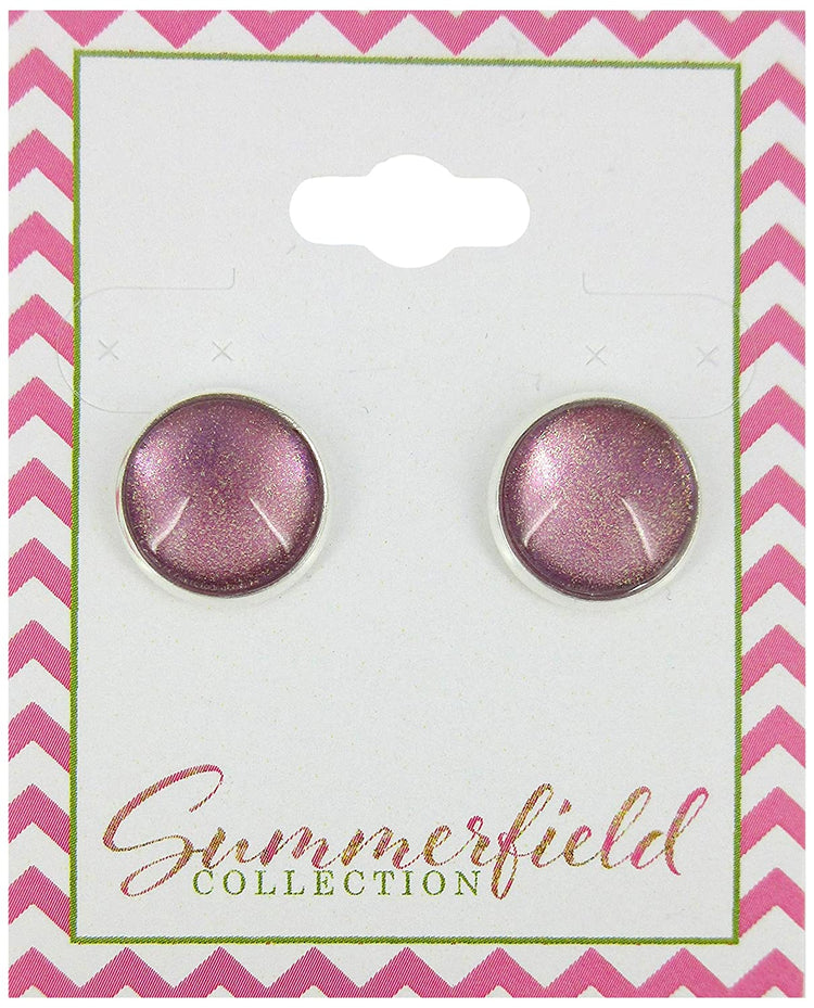 Silver-tone Metallic Mauve Glitter Glass Stud Earrings Hand-painted 12mm