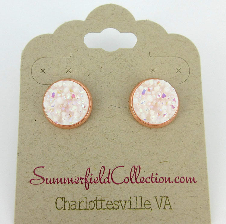 Rose Gold-tone White AB Faux Druzy Stone Stud Earrings 12mm