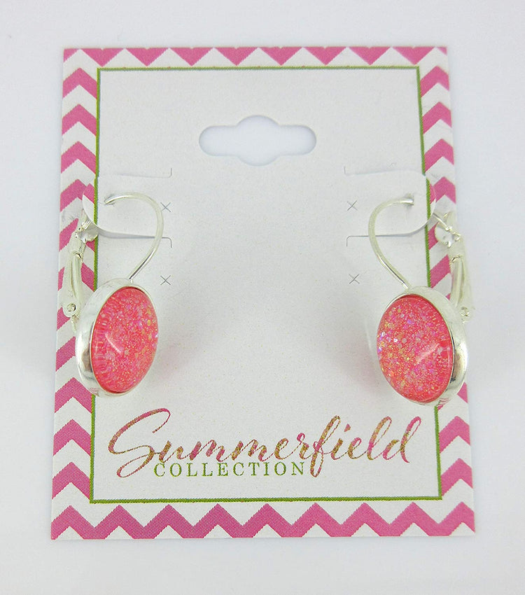 Silver-tone Coral Iridescent Glitter Glass Galaxy Drop Earrings Leverback Hand-painted