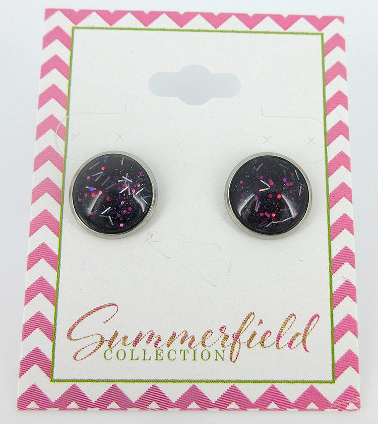 Stainless Steel Navy Blue and Pink Glitter Glass Stud Earrings Hand-painted 12mm
