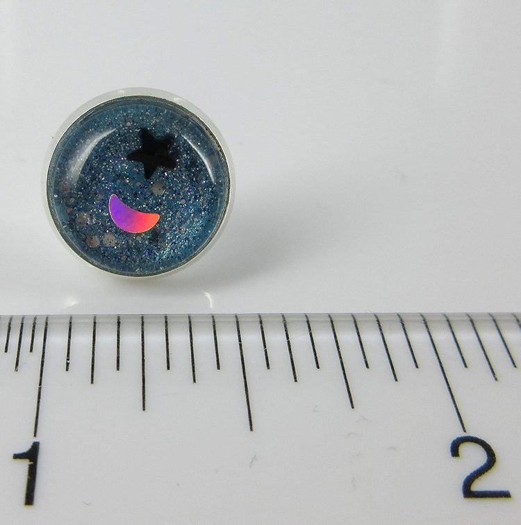 Silver-tone Star and Moon Holographic Glitter Glass Galaxy Stud Earrings Hand-painted 12mm