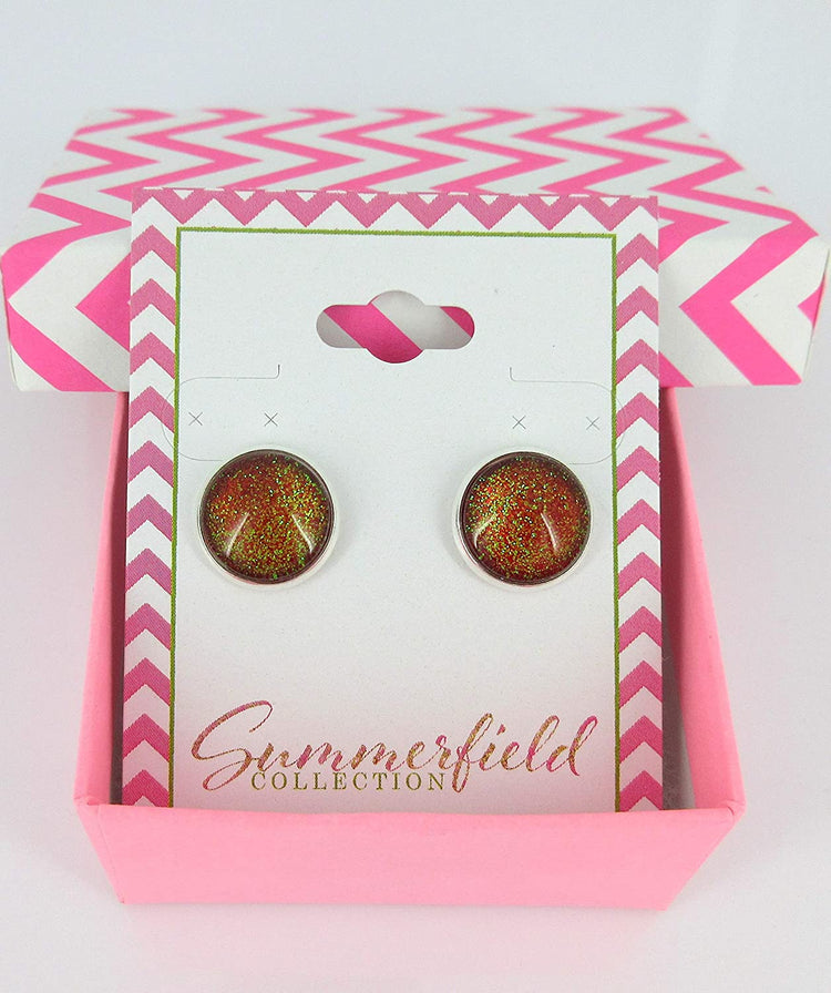 Silver-tone Red and Green Glitter Glass Stud Earrings Hand-painted