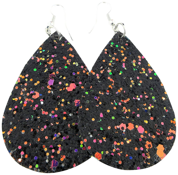 Silver-tone Glitter Faux Leather Large Teardrop Dangle Earrings