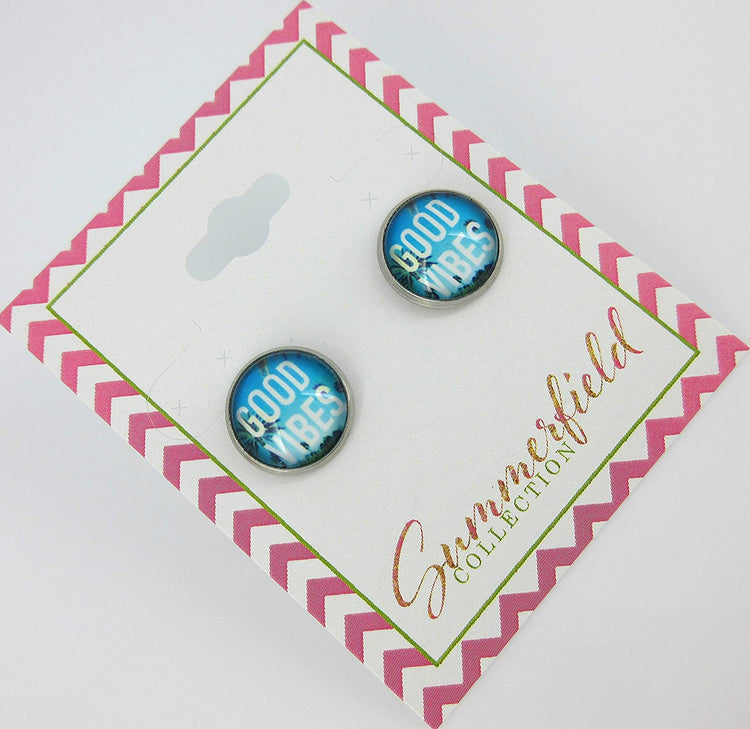 Stainless Steel Good Vibes Print Glass Stud Earrings 12mm