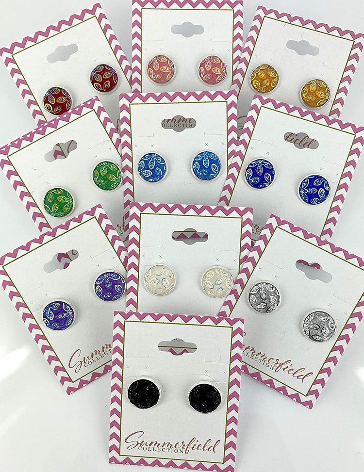 Silver-tone Red Frosted Flower Metallic Rainbow Stud Earrings 12mm