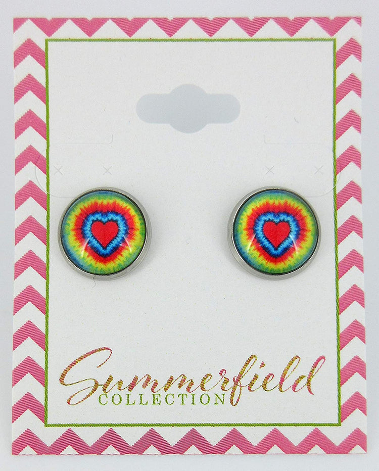 Stainless Steel Heart Tie Dye Print Glass Stud Earrings 12mm