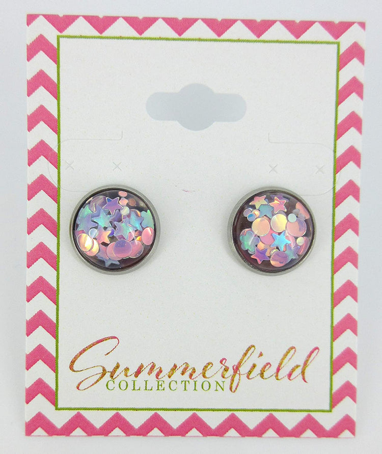 Stainless Steel Glitter Resin Globe Stud Earrings 12mm (Lilac)