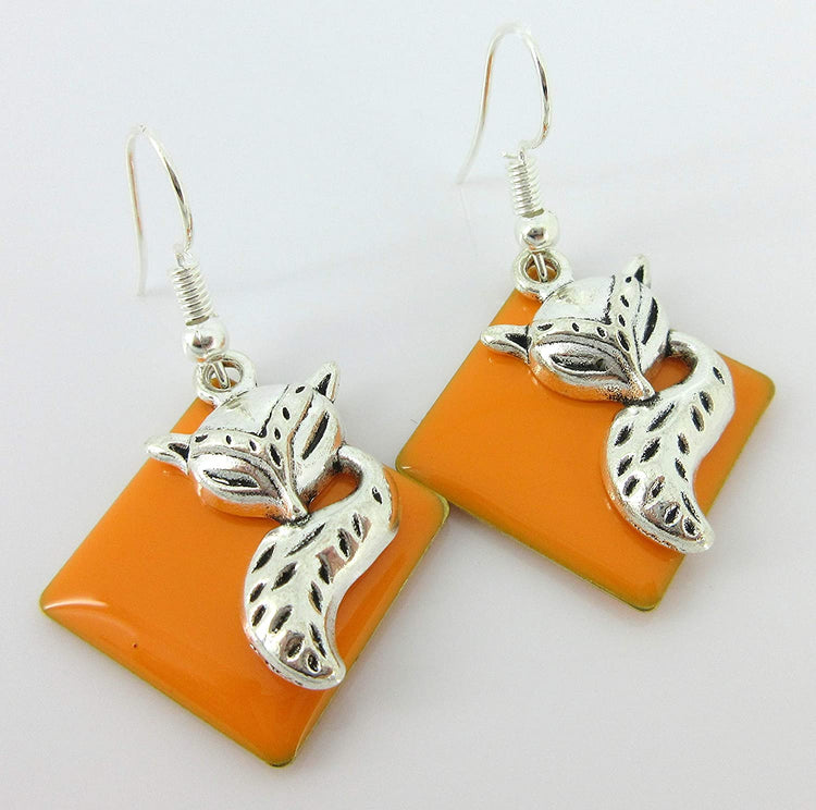 Silver-tone Orange Enamel Fox Charm Dangle Earrings