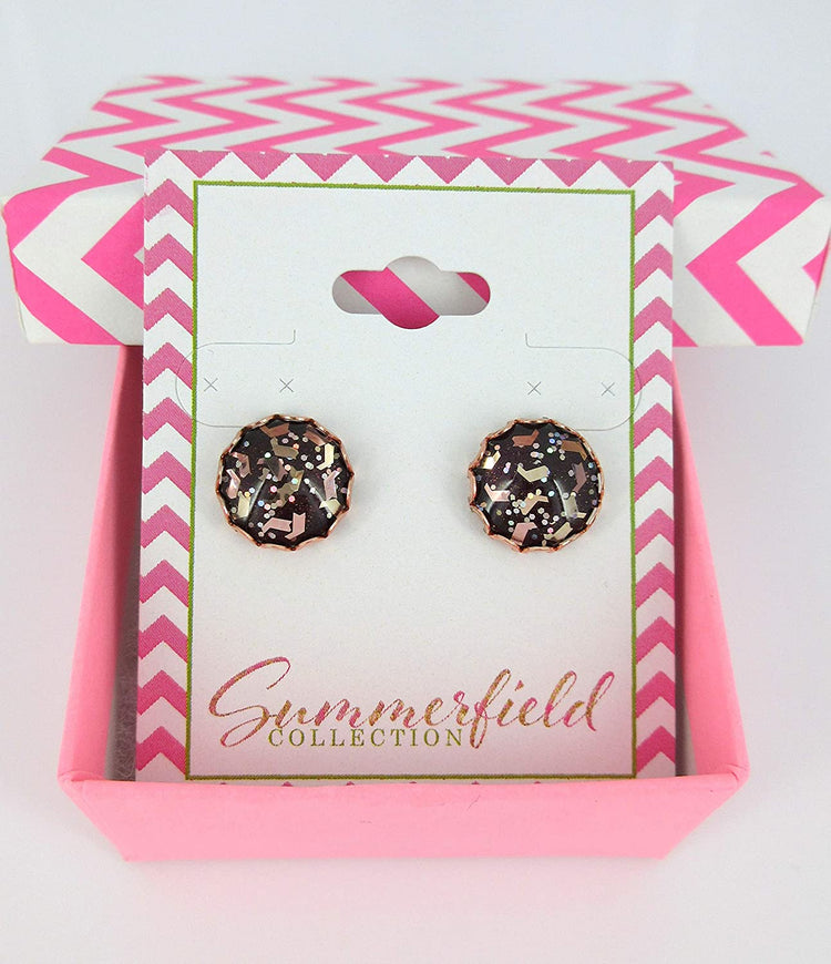 Rose Gold-tone Chevron Flake Glitter Glass Stud Earrings 12mm Hand-painted