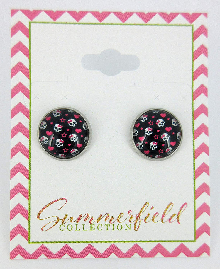 Stainless Steel Neon Pink Black White Skull Print Glass Stud Earrings 12mm