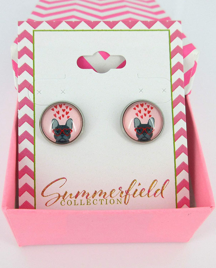 Stainless Steel French Bulldog Sunglasses Print Glass Stud Earrings 12mm