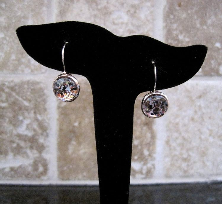 Rose Gold-Tone Pearly Silver and Black Glitter Glass Drop Earrings