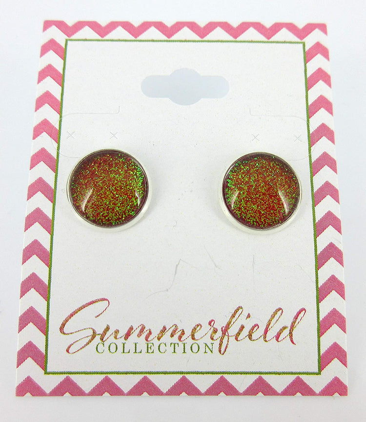Silver-tone Red and Green Glitter Glass Stud Earrings Hand-painted