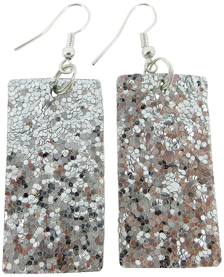 Silver Glitter Faux Leather Large Rectangle Dangle Earrings
