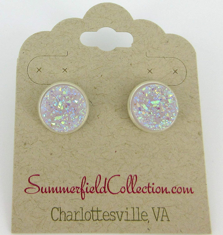 Silver-tone Lilac Purple Faux Druzy Stone Stud Earrings 12mm