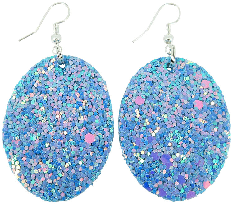 Silver-tone Glitter Faux Leather Oval Dangle Earrings (Peachy Pink)