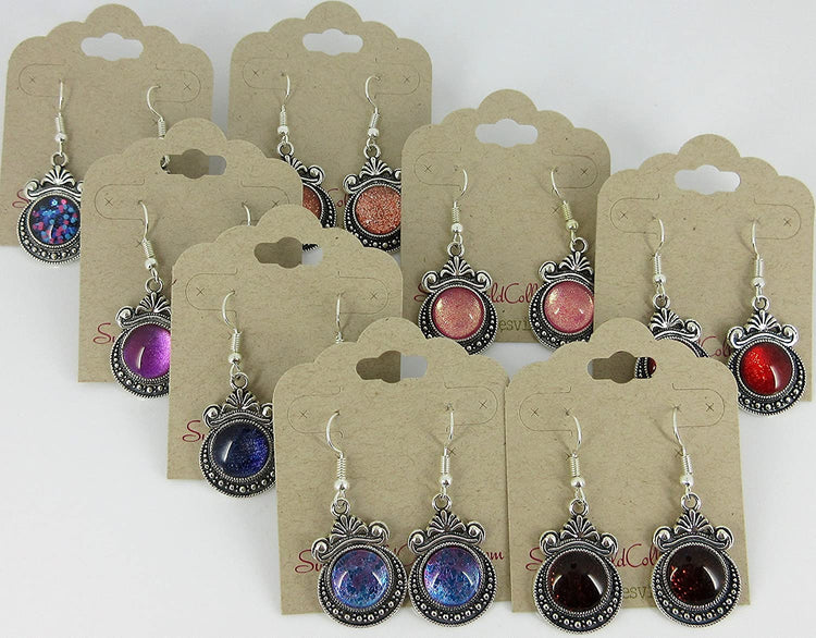 Antiqued Silver-tone Pink Shimmer Glitter Glass Dangle Earrings Hand-painted