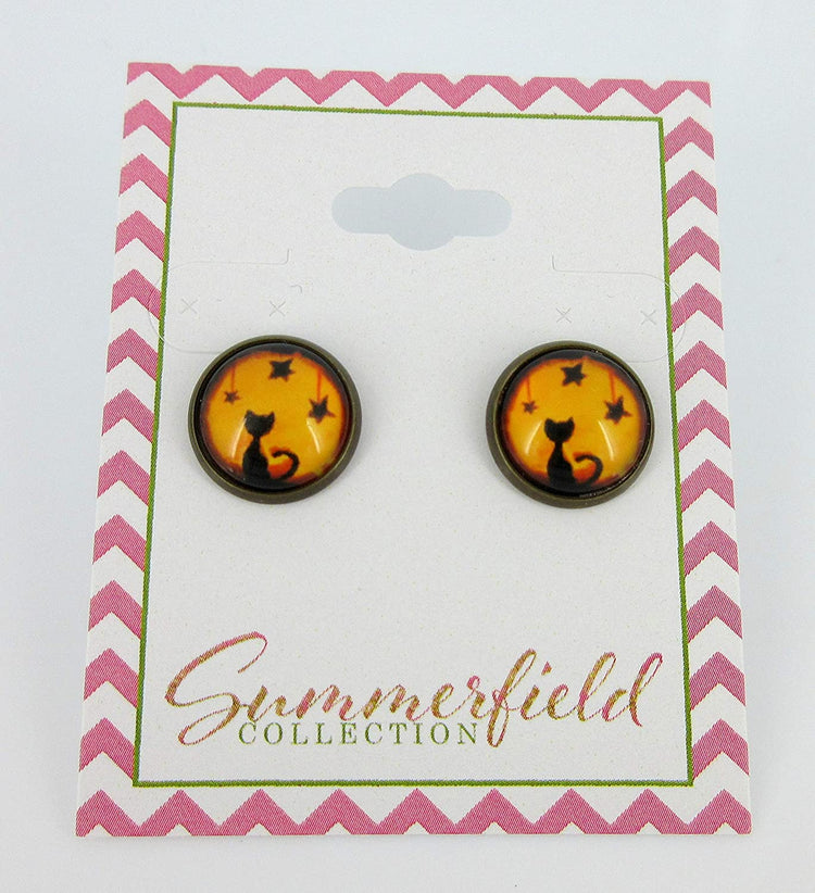 Antiqued Gold-tone Orange and Black Halloween Cat Print Glass Stud Earrings 12mm