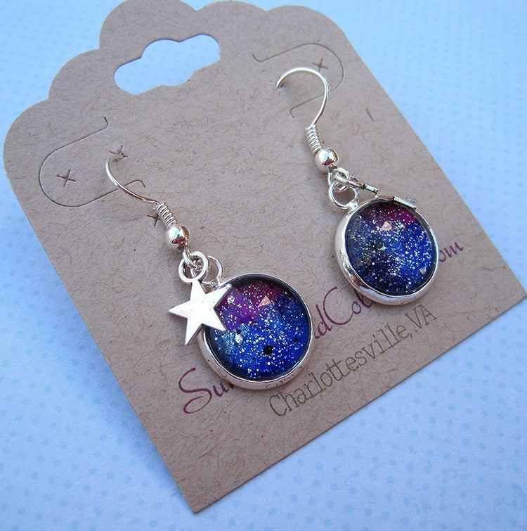 Silver-tone Glitter Glass Star Charm Galaxy Dangle Earrings Blue Purple Teal Hand-painted