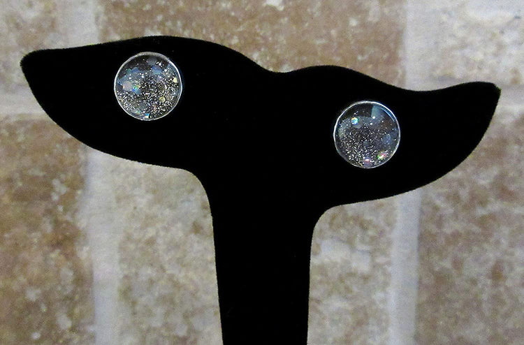 Silver-tone Black Holographic Glitter Glass Galaxy Stud Earrings Hand-painted 12mm