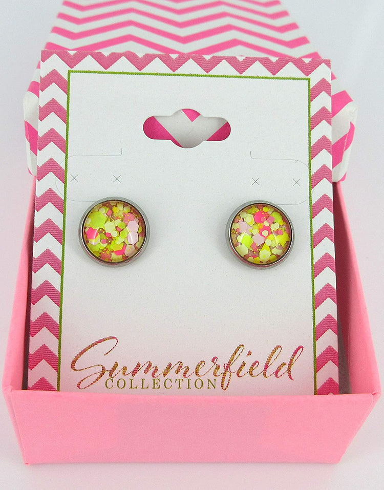 Stainless Steel Strawberry Lemonade Glitter Glass Stud Earrings Hand-painted 10mm