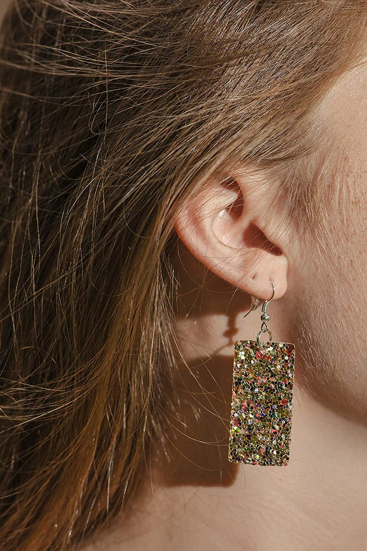 Silver-tone Glitter Faux Leather Large Rectangle Dangle Earrings (Gold and Rainbow)