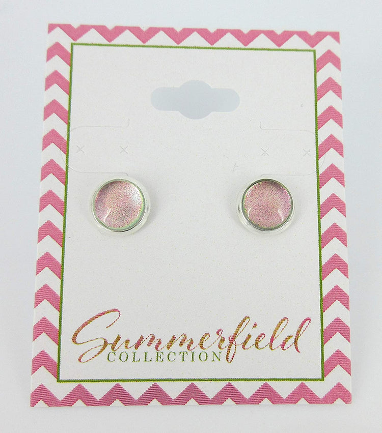 Silver-tone Pink to Green Color Shift Glitter Glass Stud Earrings Hand-painted 8mm