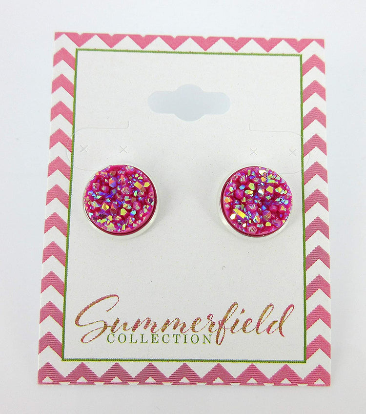 Silver-tone Stud Earrings Magenta AB Faux Druzy Stone 12mm