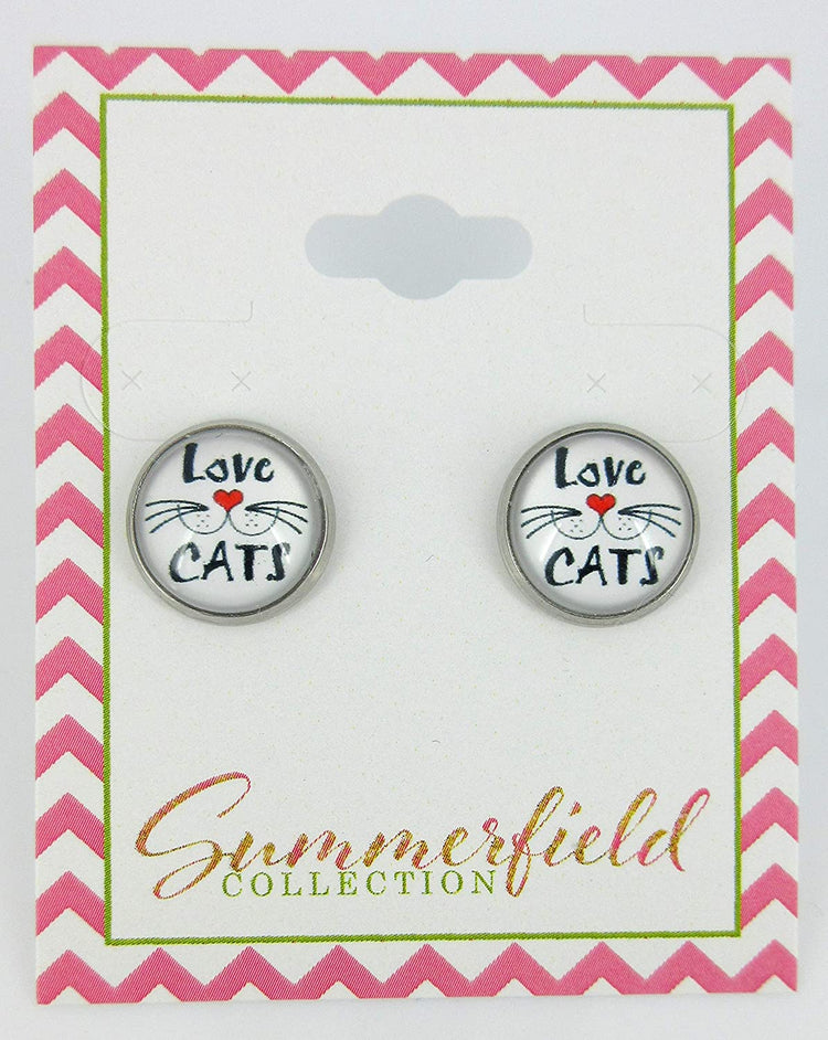 Stainless Steel Love Cats Whisker Face Print Glass Stud Earrings 12mm White Black Red