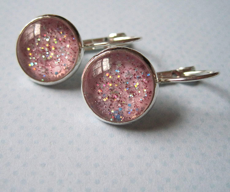 Silver-tone Pink Glitter Glass Galaxy Drop Earrings Leverback Hand-painted