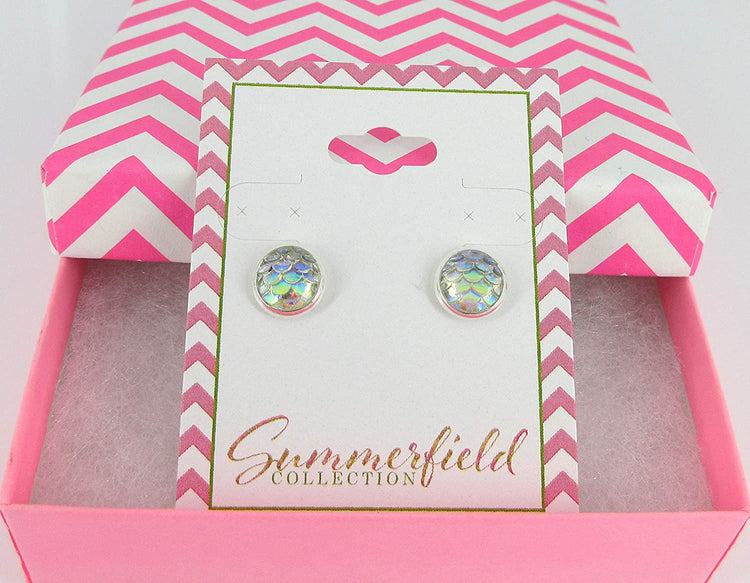 Silver-tone Clear AB Metallic Mermaid Scale Stud Earrings 8mm