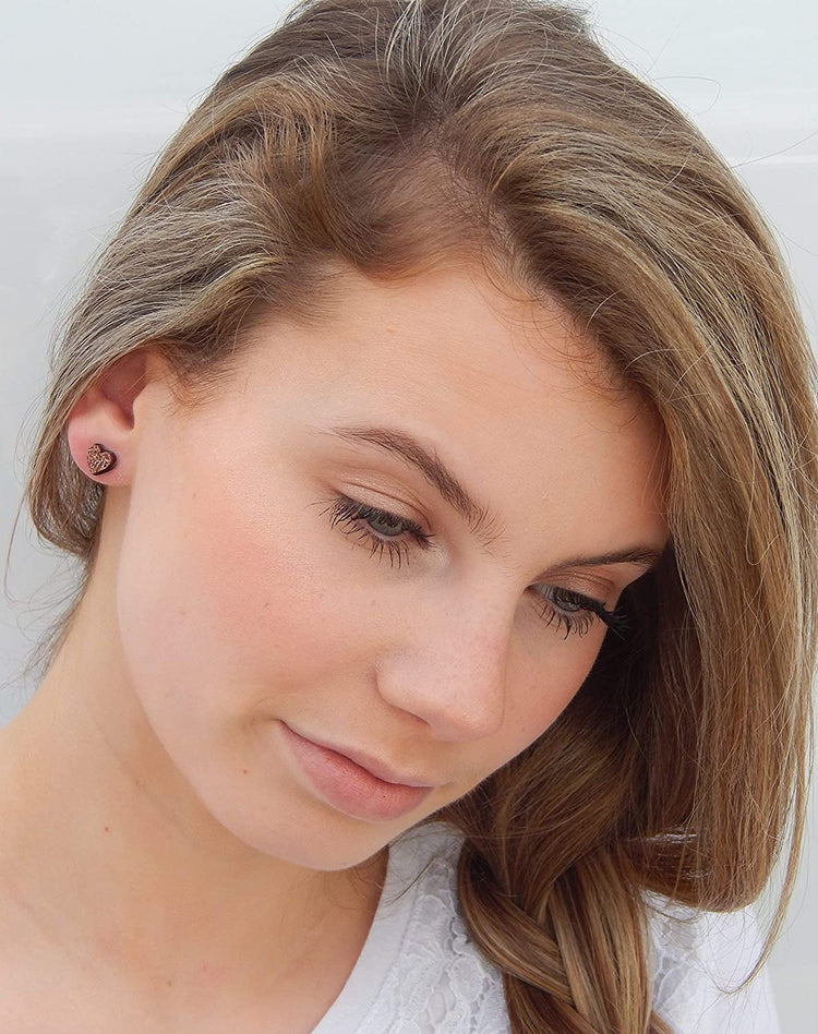 Stainless Steel Brown Rose Gold Glitter Acrylic Heart Stud Earrings 8mm