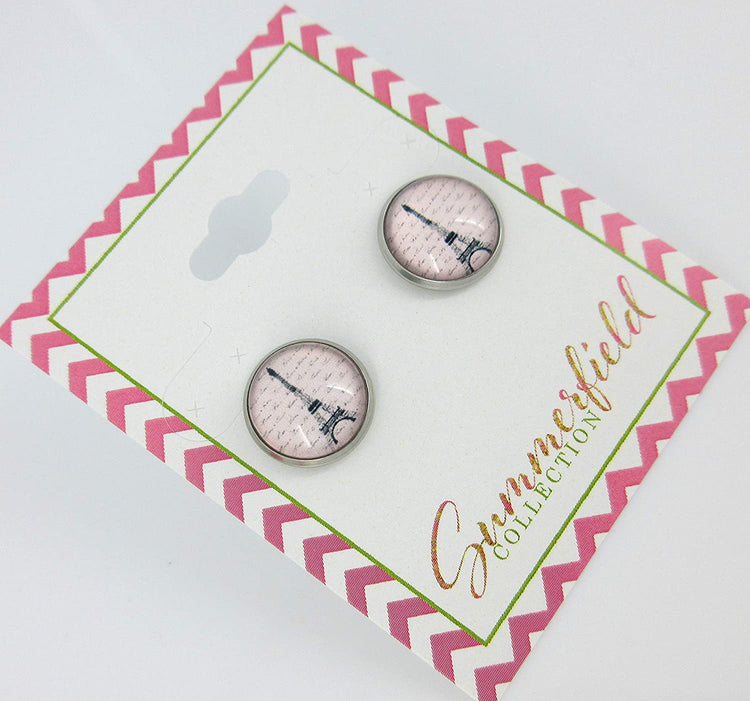 Stainless Steel Eiffel Tower Print Glass Stud Earrings 12mm Pink Black