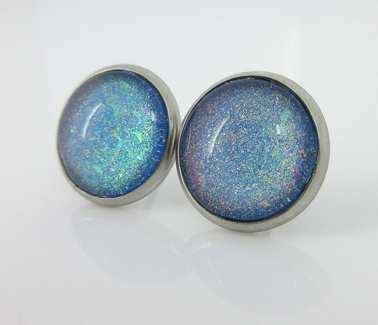 Stainless Steel Sky Blue and Rainbow Glitter Flake Glass Stud Earrings Hand-painted 12mm