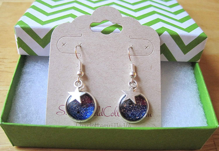 Silver-tone Glitter Glass Star Charm Galaxy Dangle Earrings Blue Purple Teal Hand-painted