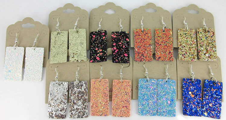 Black and Rainbow Glitter Faux Leather Large Rectangle Dangle Earrings