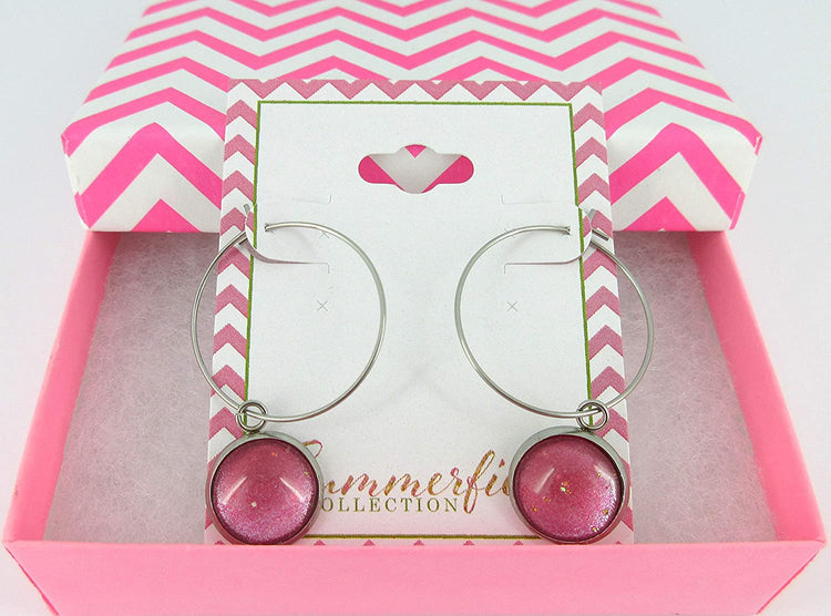 Stainless Steel Pink and Silver Glitter Glass Charm Hoop Earrings Hand-painted 1"