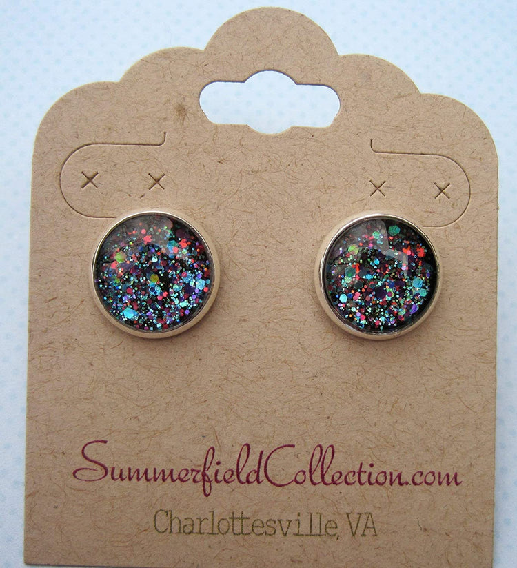 Silver-tone Blue Purple Pink Glitter Glass Stud Earrings 12mm Hand-painted