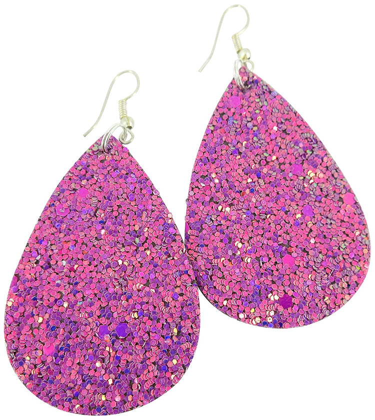 Silver-tone Glitter Faux Leather Large Teardrop Dangle Earrings