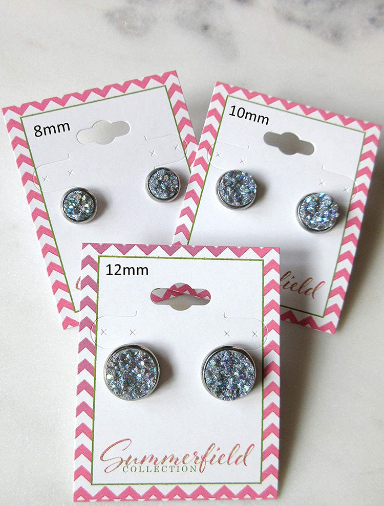Stainless Steel Frost Blue Gray AB Glitter Faux Druzy Stone Stud Earrings 10mm
