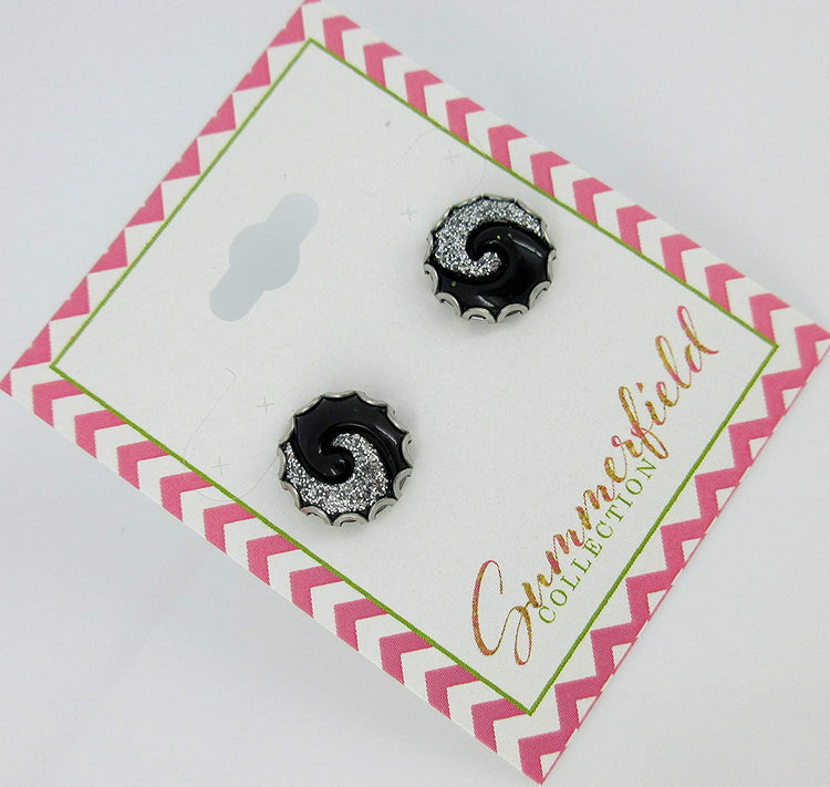 Stainless Steel Black and Silver Glitter Swirl Resin Stud Earrings 12mm