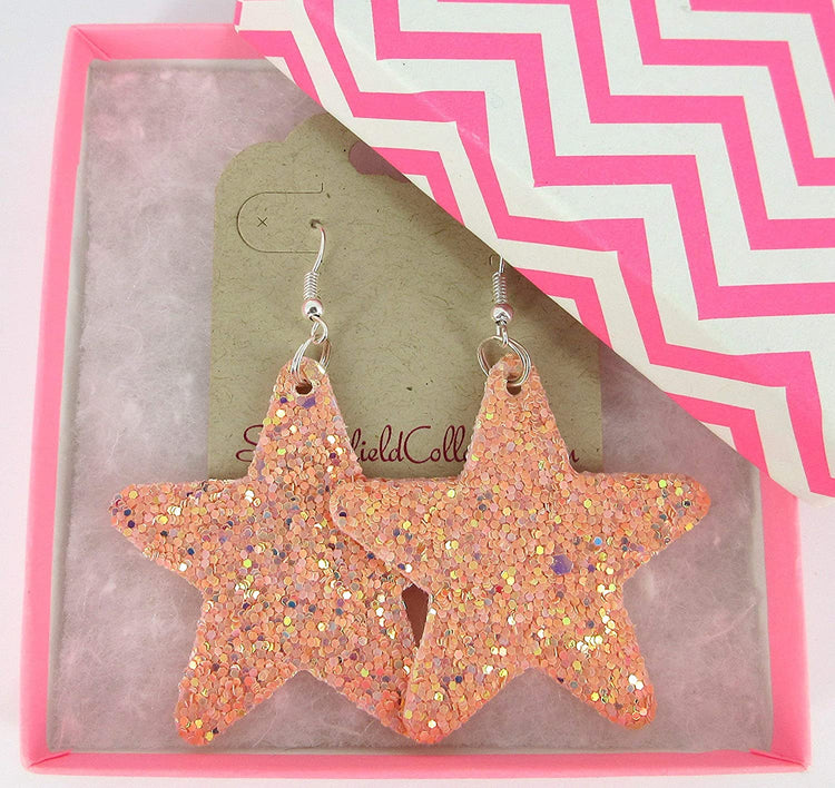 Pink Glitter Faux Leather Large Star Dangle Earrings