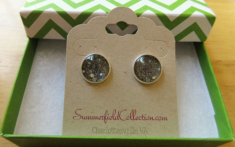 Silver-tone Black Holographic Glitter Glass Galaxy Stud Earrings Hand-painted 12mm